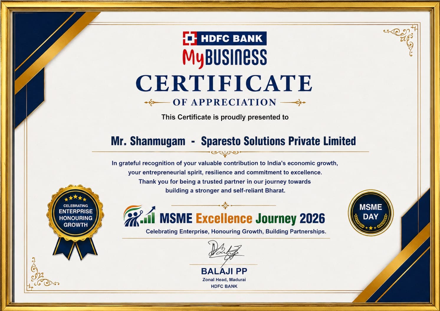 HDFC Bank MyBusiness Certificate of Appreciation